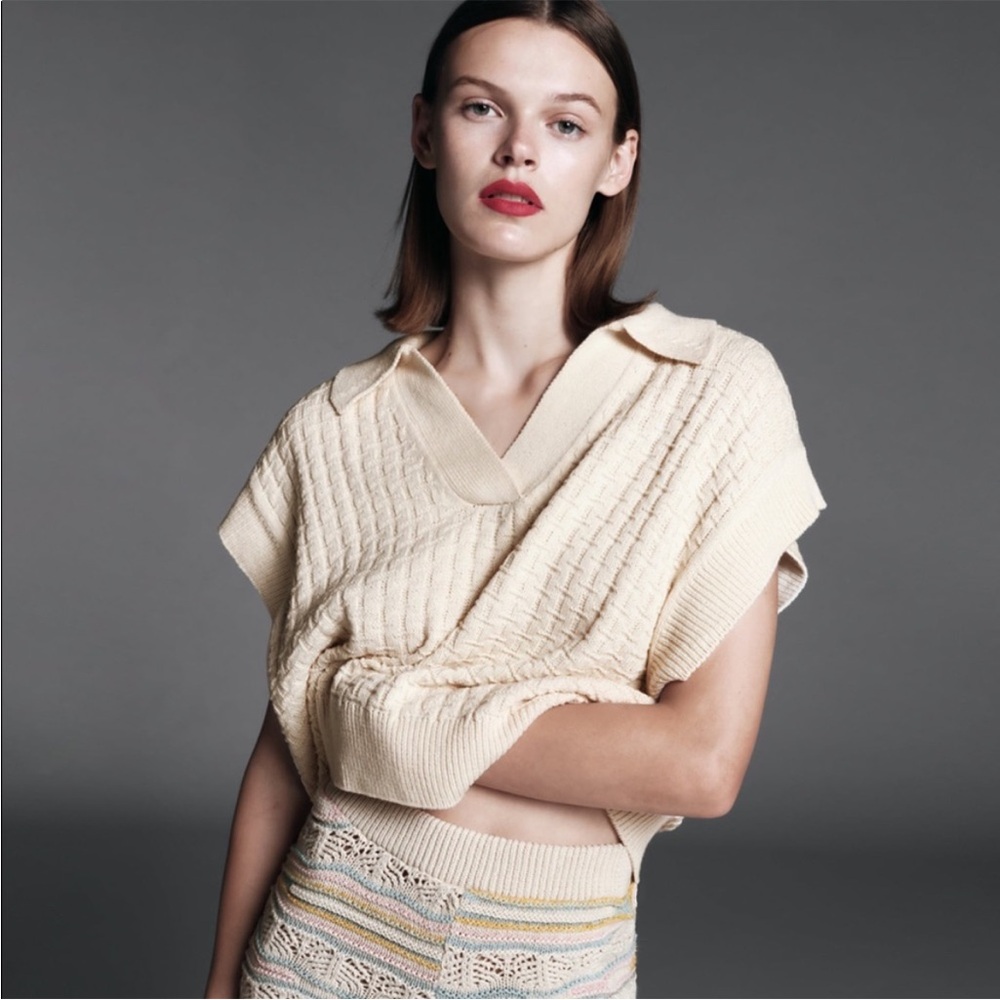 Zara Knit Polo Collared Vest Ecru Small Boxy Fit - Picture 5 of 12